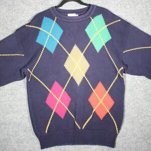 Vintage YANG Sweater Mens Large Blue Eclectic Grandpa Geometric‎ 100% Cotton